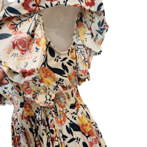 Angie Boho Floral Flutter Sleeve Smocked Faux Wrap Mini Dress Orange Medium - Picture 6 of 9